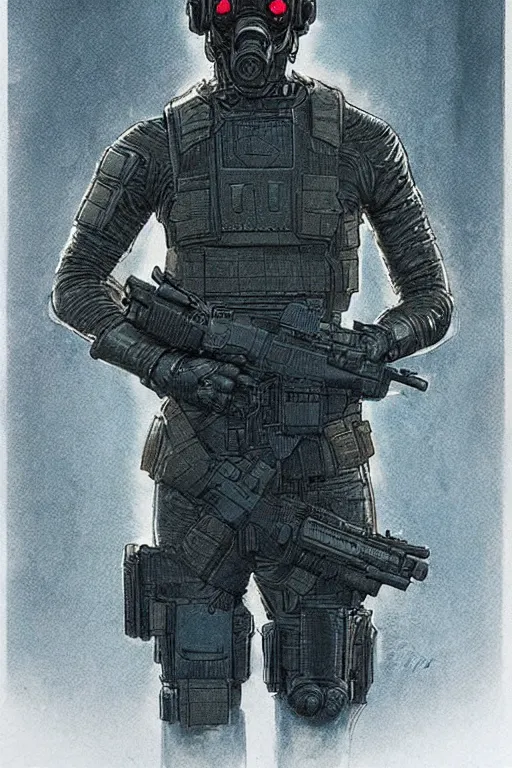 Image similar to kim. blackops mercenary in near future tactical gear, stealth suit, and cyberpunk headset. Blade Runner 2049. concept art by James Gurney and Mœbius.