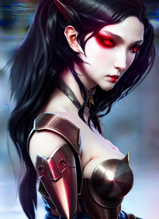 Image similar to full plate armor!!! beautiful and elegant dark hair female vampire!! gorgeous ayes!! character concept art, sharp focus, octane render! unreal engine 5! highly rendered!! trending on artstation!! detailed linework!! illustration by artgerm, wlop, and chie yoshii