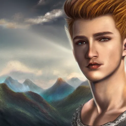 Image similar to a portrait of a young handsome prince, white fringy hair, epic beautiful landscape, backlit, incredible lighting, strong rim light, subsurface scattering, highly detailed, god rays, digital painting, HDRI, by Heise Jinyao, Heise-Lian Yan Fang, Feimo, Richard Taddei, vivid colors, high contrast, 8k resolution, intricate, photorealistic