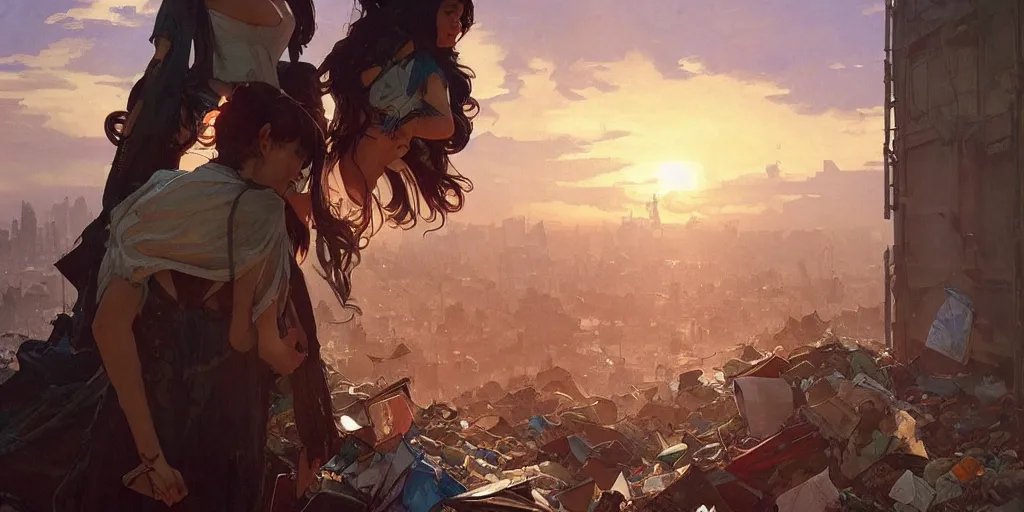 Image similar to seen from broken window!! garbage dump, city is pure wasteland, sunset in background, detailed characters, alphonse mucha, greg rutkowski, trending on artstation, artgerm, breathtaking, sharp focus, smooth, mark arian, award winning, highly detailed 4 k art