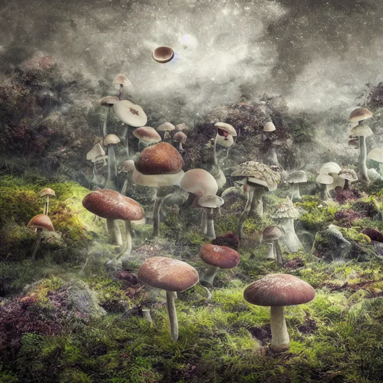 Image similar to a planet of various fungus, mushrooms and plants, inside the picture is infinity, Atmospheric phenomenon, artistic photography, muted colors, conceptual, long exposure outside the city, volumetric light