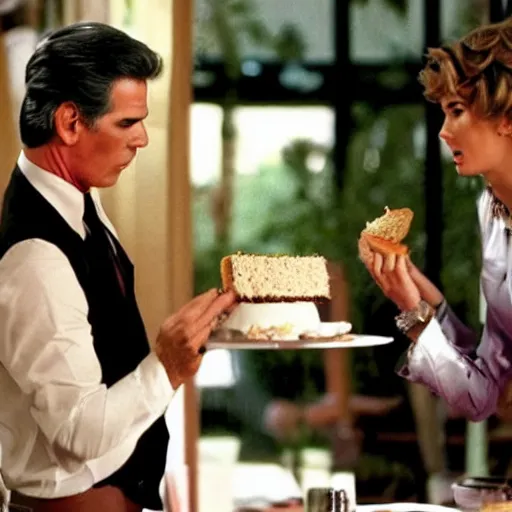 Prompt: pierce brosnan force - feeding a skinny woman with cake