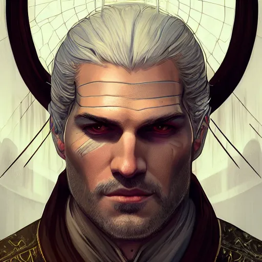 Image similar to symmetry!! portrait of the witcher, thunder, sci - fi, glowing lights!! intricate, elegant, highly detailed, digital painting, artstation, concept art, smooth, sharp focus, illustration, art by artgerm and greg rutkowski and alphonse mucha, 8 k