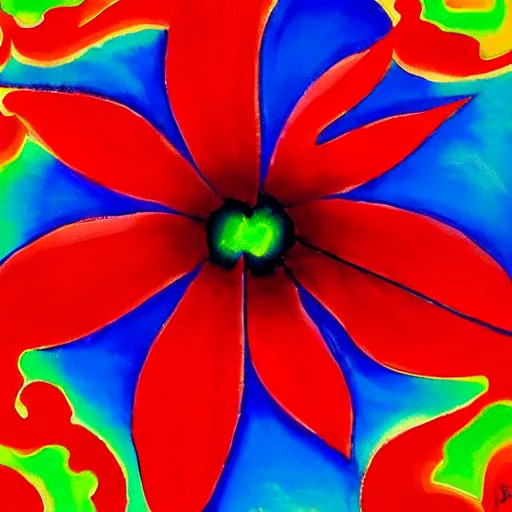 Image similar to an abstract painting of a red and blue flower by peter max, featured on deviantart, metaphysical painting, psychedelic, fractalism, vivid colors