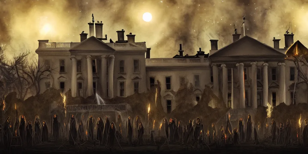 Image similar to coven of witches gathered on the roof of the burnt remains of the white house, performing a ritual to call lovecraftian aliens down from the night sky, wide shot, concept art, smooth, high quality, 4 k