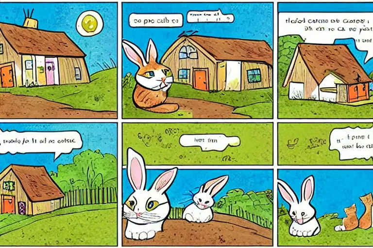 Prompt: a rabbit and a cat dressed in cottagecore living in a cottage, the rabbit has a vegetable garden and the cat is fixing the roof, comic book art style, pictures in sequence, storyboarding, speech bubbles