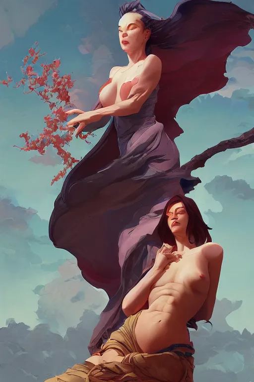 Prompt: lilith standing over the body of adam, tooth wu, dan mumford, beeple, wlop, rossdraws, james jean, marc simonetti, artstation giuseppe dangelico pino and michael garmash and rob rey and greg manchess and huang guangjian and makoto shinkai