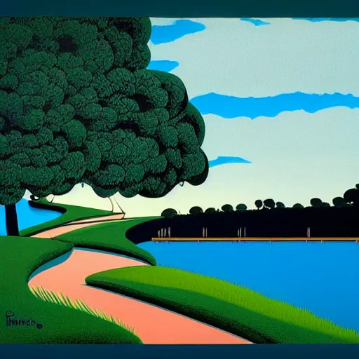 Prompt: cabana close to a dam, row of stratocumulus clouds in the blue sky, the gardens and trees are beautiful by eyvind earle