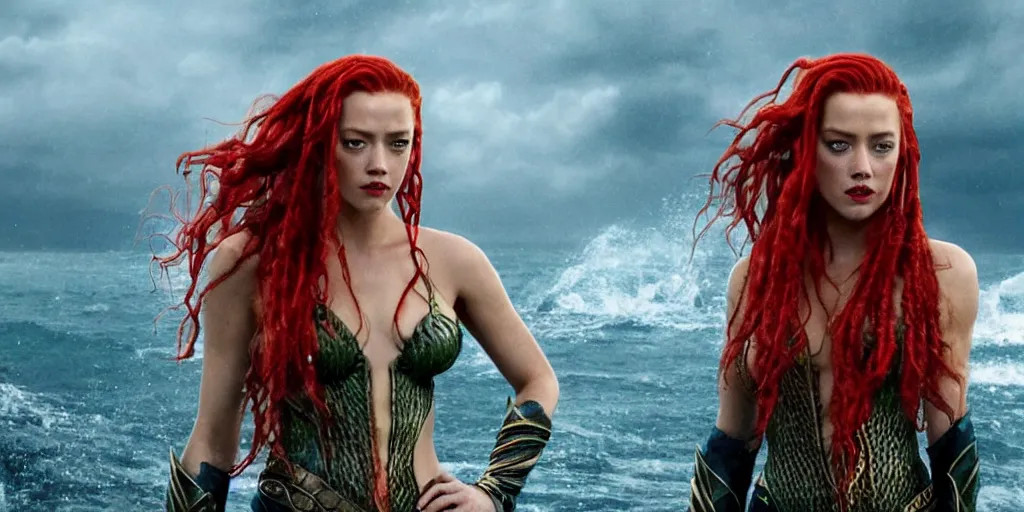 Prompt: red hair mera from aquaman played by amber heard fights captain jack sparrow played by johnny depp, motion blur, real life, spotted, leaked, ultra realistic face, accurate, 4 k, movie still, uhd, sharp, detailed, cinematic, render, modern