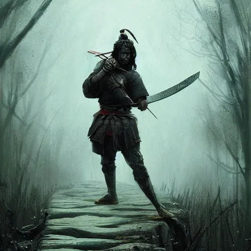 Prompt: samurai warrior wielding a sword, forest, standing on a bridge, by seb mckinnon, high detail, dramatic light, digital art, painted by greg rutkowski, promotional movie posterart, trending on artstation