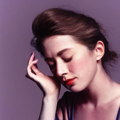 Image similar to Portrait photo of a famous actress posed in profile, eyes closed, natural makeup, studio lighting, highly detailed, cinestill 800t