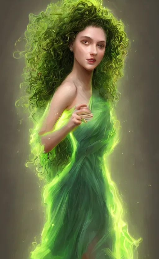 Image similar to a young woman with wild, curly hair and bright green eyes. she's wearing a flowing dress made of light, airy fabric and she has a mischievous look on her face, dynamic lighting, photorealistic fantasy concept art, trending on art station, stunning visuals, creative, cinematic, ultra detailed