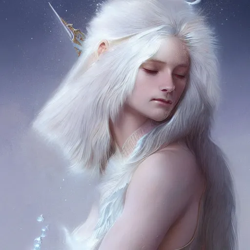 Prompt: portrait of mighty baby harp seal god, white hair, soft hair, d & d, powerful, ice and glaciers, arctic, fantasy, intricate, elegant, highly detailed, digital painting, artstation, concept art, smooth, sharp focus, illustration, art by artgerm and greg rutkowski and alphonse mucha