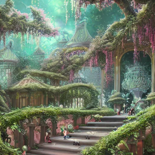 Image similar to dreamy landscape in an ornate baroque aya takano-inspired dream palace sparkle courtyard overgrown with vines, surrounded by cute forest scenery with various futuristic exobiome-related buildings, beautiful surrealism oil painting, trending on artstation