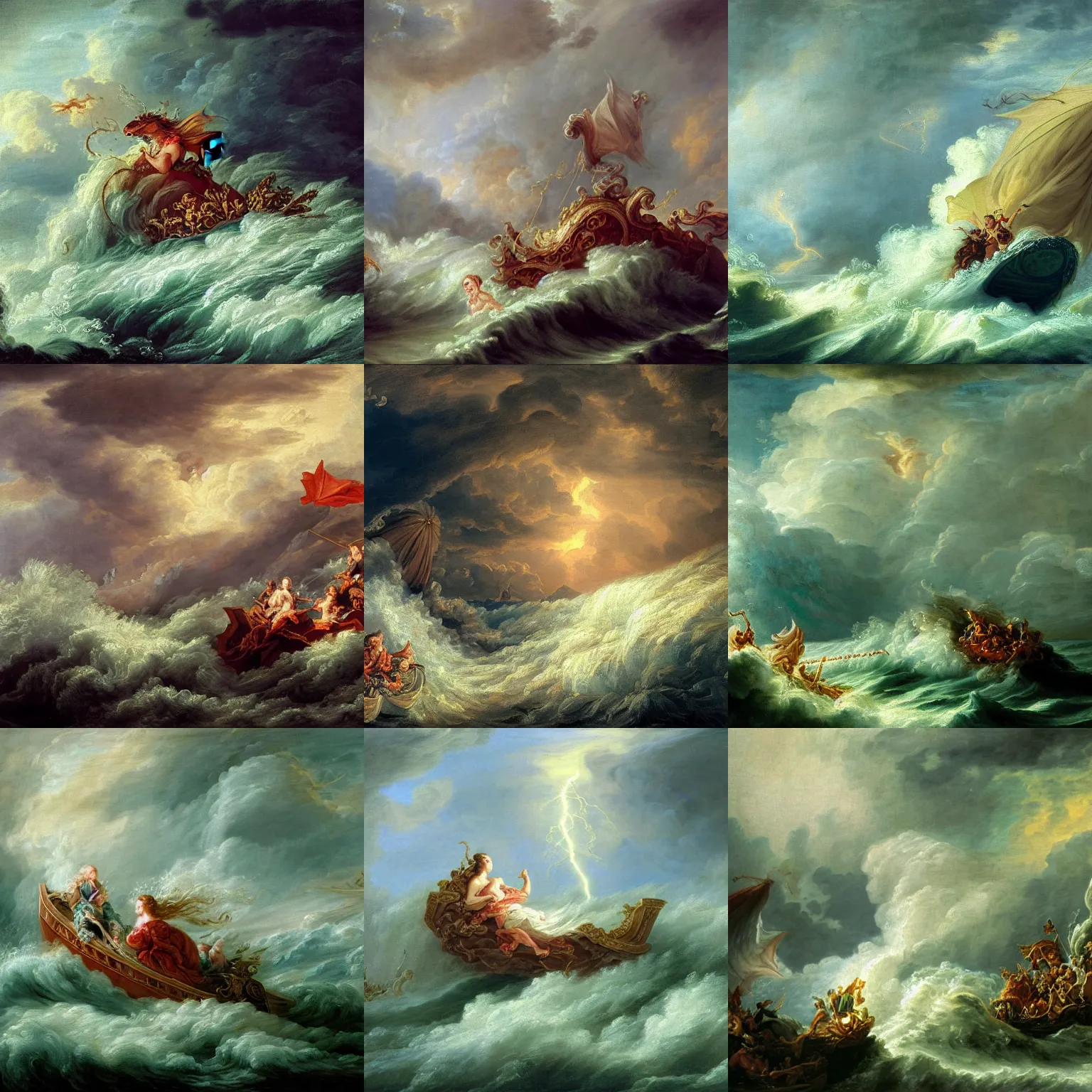 Prompt: a fantasy book style portrait of a dragon, stormy sea, giant waves, lightning, small boat, francois boucher oil painting, 4 k