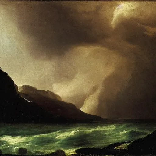 Prompt: goya the colossus painting, giant on the horizon, colossus in background, made of stone, atmospheric haze, stormy, tundra, hudson river school, princess in foreground, large scale