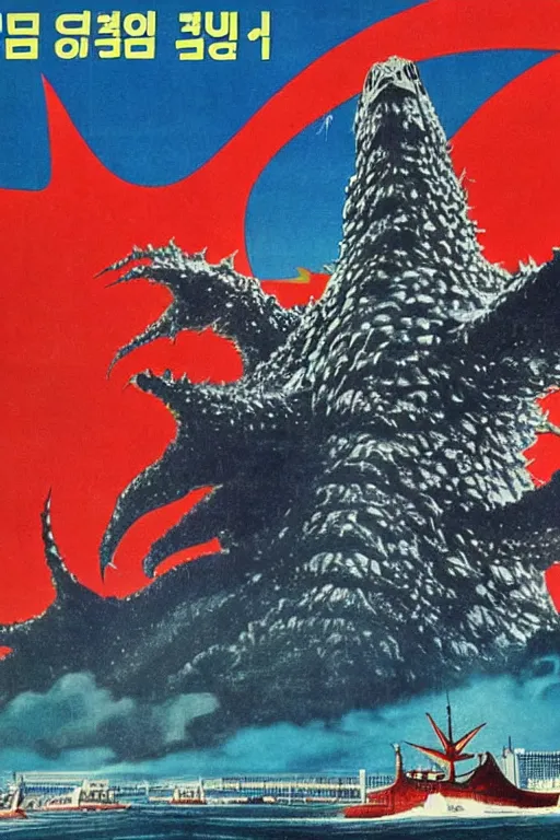 Prompt: a communist propaganda poster of Kim Jong-il and Starro Kaiju monster destroying Pyongyang, in Godzilla (1954) by Ishirō Honda, traditional Korean city, palace, epic ultrawide shot, cinémascope