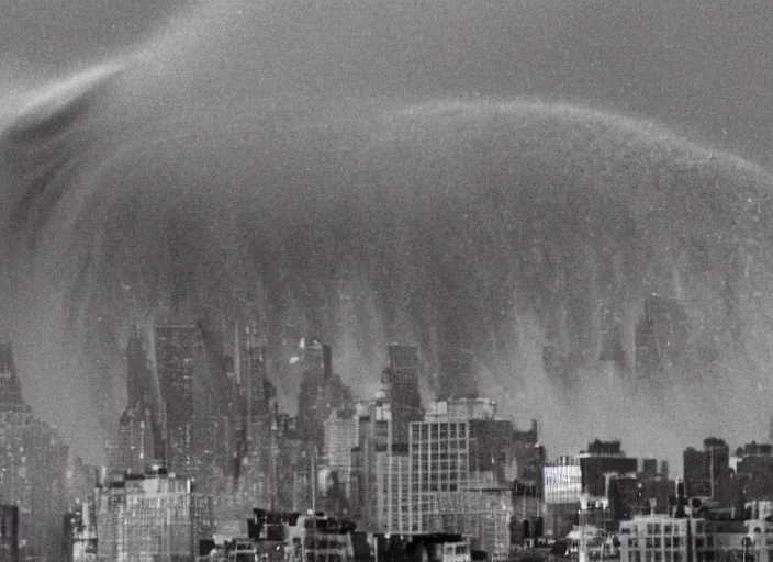 Prompt: Photograph of a tsunami crashing on the Manhattan skyline