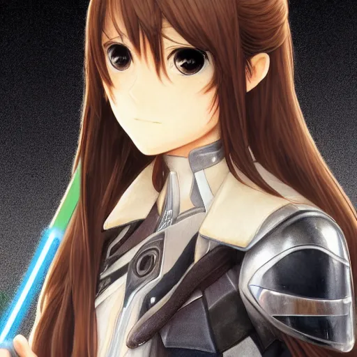 Prompt: Masterpiece head and shoulders portrait of a female Kazuto Kirigaya Kirito from SAO a young woman with brown long hair and bangs and wearing a long black coat breast-armor showing through, with light-saber, face, fantasy, intricate, elegant, highly detailed drawn by Donato Giancola and Fernanda Suarez and Artem Demura, face by Artgerm and Edmund Leighton, Alphonse Mucha, background by James Jean and Gustav Klimt, 4k, porcelain skin, komorebi, french nouveau, trending on pixiv, octane render, hyperrealistic