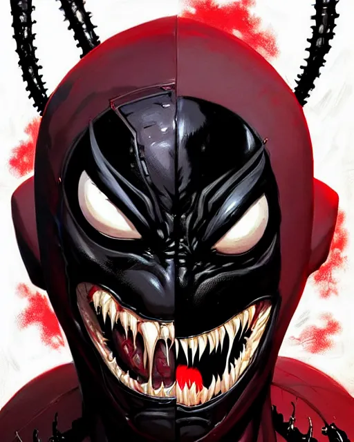 Prompt: highly detailed closeup portrait of a mutated venom symbiote in deadpool suit, smiling broadly into the camera, by atey ghailan, by greg rutkowski, by greg tocchini, by james gilleard, by joe fenton, by kaethe butcher, red, black, crimson and grey color scheme