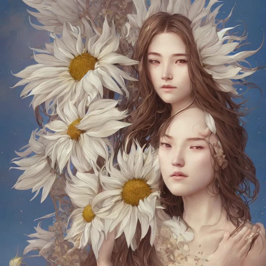 Image similar to portrait of white sunflower goddess with east-asian facial features, highly detailed, digital painting, artstation, concept art, sharp focus, illustration, art by artgerm and greg rutkowski and alphonse mucha