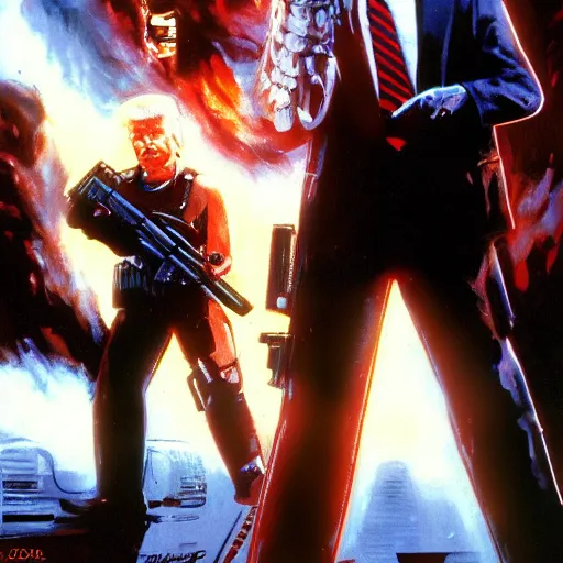 Image similar to joe biden as the terminator shooting Donald Trump with a shotgun, cinematic, establishing shot, extremly high detail, photorealistic, cinematic lighting, artstation, style by James Gurney