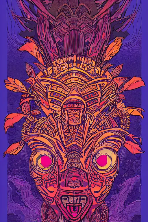 Image similar to totem animal tribal chaman vodoo mask feather gemstone plant video game illustration vivid color borderlands and by feng zhu and loish and laurie greasley, victo ngai, andreas rocha, john harris radiating a glowing aura