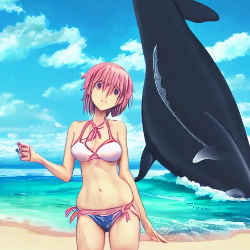 Prompt: a woman in a bikini top and skirt standing next to a whale, a character portrait by Jin Homura, featured on pixiv, mingei, booru, official art, pixiv