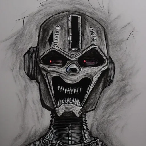 Image similar to a scary horror themed robot, drawn with charcoal and pen and ink