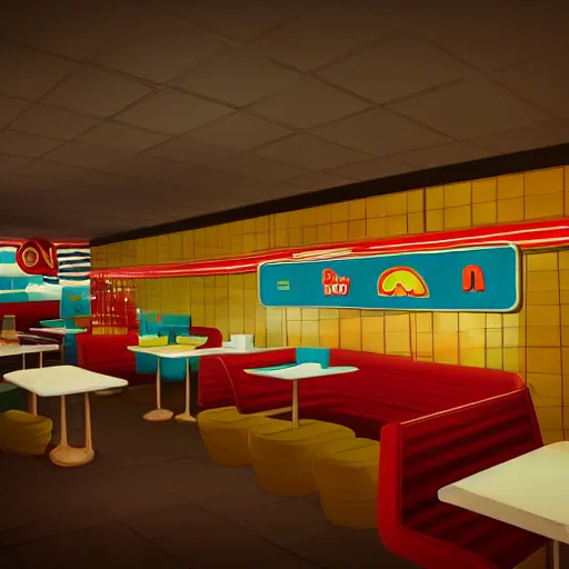 Prompt: retro mcdonalds restaurant interior, vivid colors, cinematic lighting, featured on artstation