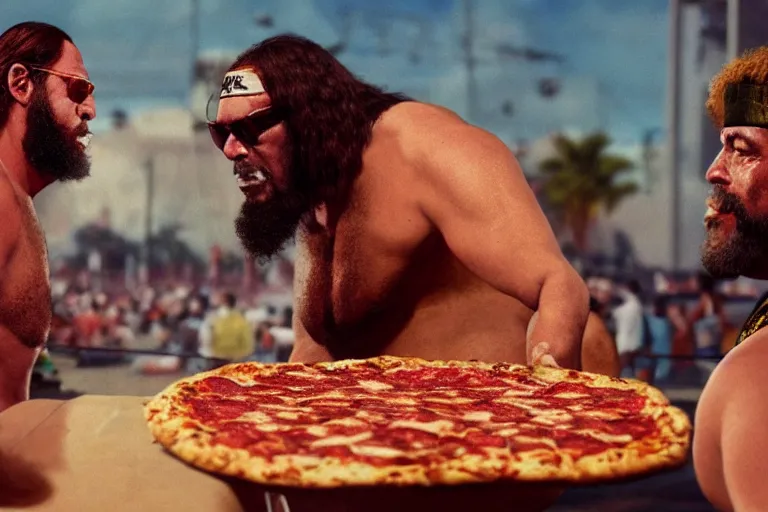 Prompt: andre the giant and macho man randy savage, mega powers, sharing a pizza, at muscle beach, mid 9 0 s, gritty, ethereal details, cinematic lighting, hyper - detailed, maximalist, artstation, 8 k