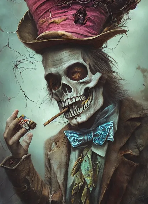 Image similar to Mad hatter smoking cigar, death tarot card,highly detailed,half skull face,cinematic,8k,by Stanley Artgermm,Tom Bagshaw,Greg Rutkowski,Carne Griffiths, Ayami Kojima, Beksinski, Giger,trending on DeviantArt,hyper detailed,horror, full of colour