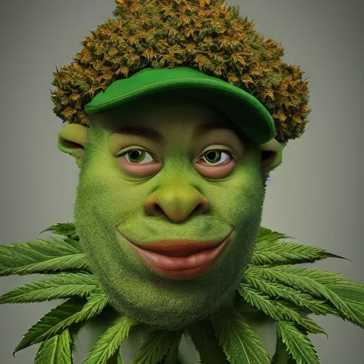 Prompt: Shreck dressed in Marijuana leaves, portrait, ultra realism
