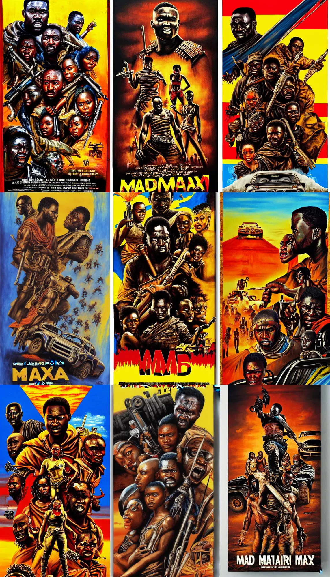 Prompt: painted ghanaian movie poster for mad max by heavy j and farkira and stoger, painted on canvas