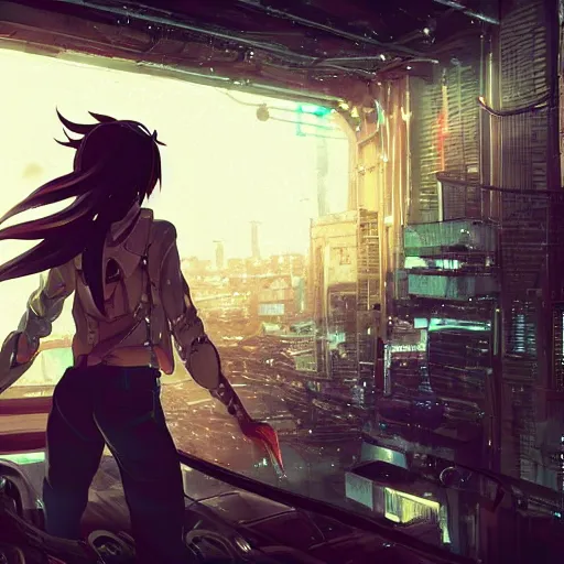 Prompt: android mechanical cyborg anime girl in overcrowded urban dystopia. long hair. gigantic future city. pitch black night. raining. makoto shinkai. wide angle. distant shot. dark and dreary.