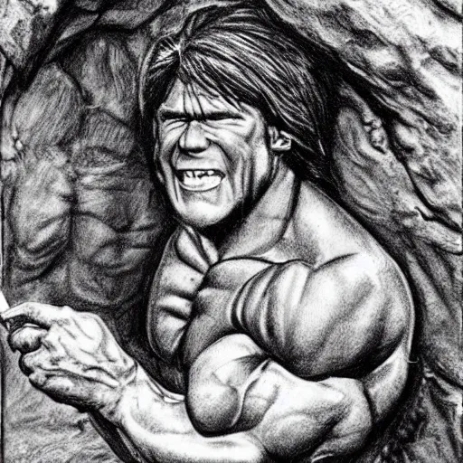 Image similar to a caveman drawing a picture of arnold schwarzengger in a cave, encarving, realistic photograph, very detailed.