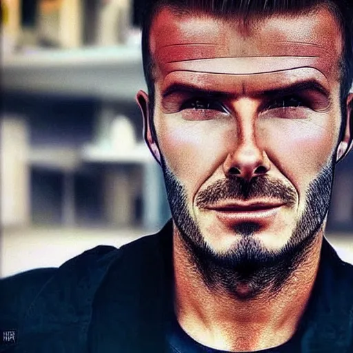 Image similar to “a realistic detailed photo of a guy who is an attractive humanoid who is half robot and half humanoid, who is a male android, David Beckham, shiny skin, posing like a statue, blank stare”