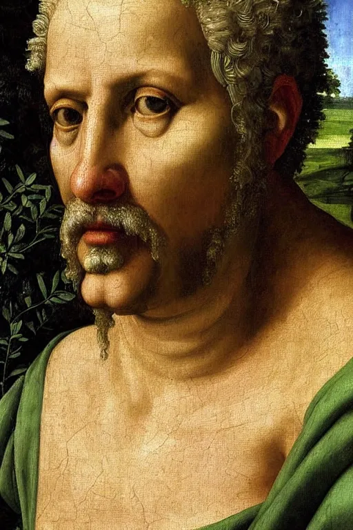 Image similar to renaissance painting of elder in the garden, closeup, short silver hair, face with scars, emotions closeup, dressed in roman armour, the beautiful garden with larch leaves everywhere, ultra detailed, art by Guido Reni style, Vincenzo Catena style