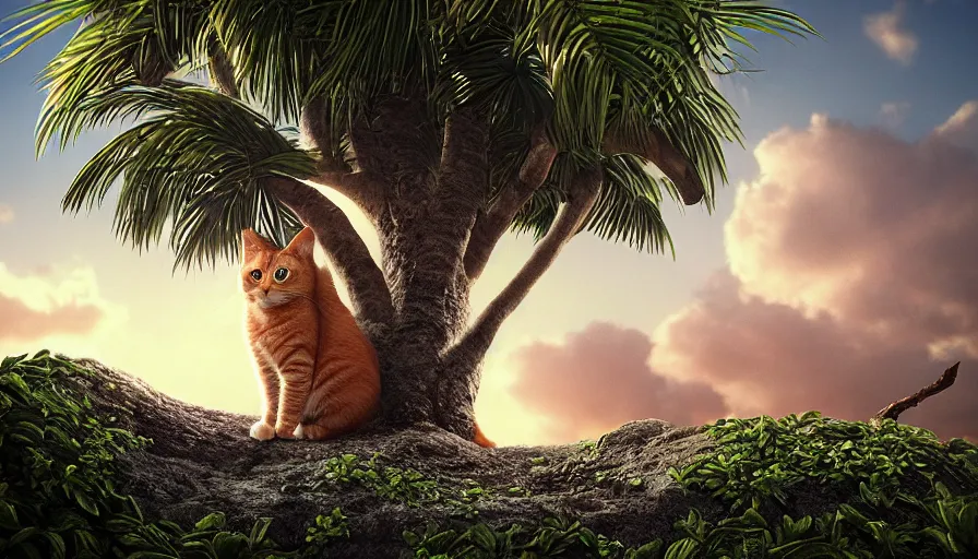 Prompt: very very small cat, sitting on a gigantic coconut tree in socotra island by ilya kuvshinov, rtx rendering, octane render 1 2 8 k, maya, extreme high intricate details by tom bagshaw, medium shot, close up shot, composition by sana takeda, lighting by greg rutkowski