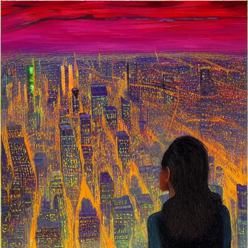 Image similar to “ a girl looking down at a futuristic new york city below, ghostpunk, neon lights, fog, storm clouds, rain, detailed face, oil painting, by jan toorop ”