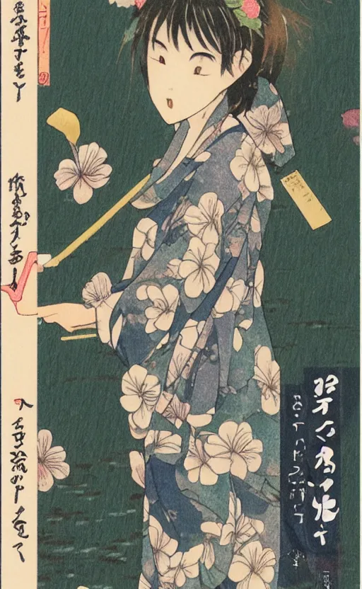 Prompt: by akio watanabe, manga art, a girl playing on wooden lake bridge and iris flowers, trading card front, kimono, realistic anatomy