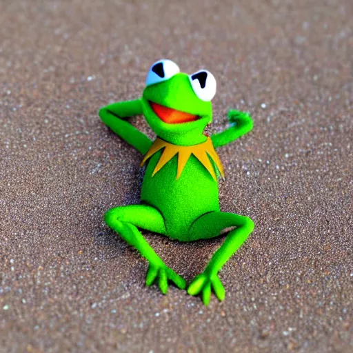 Prompt: Kermit the frog tanning on the beach photo 4k model hd