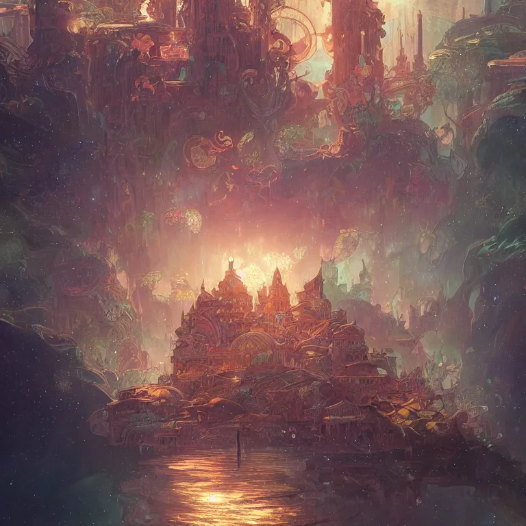 Image similar to a beautiful painting of the city of atlantis, underwater with glowing lights, corals and jellyfish, with the night sky with stars above, intricate, elegant, highly detailed, digital painting, artstation, concept art, by krenz cushart and artem demura and alphonse mucha