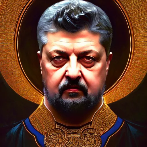 Prompt: symmetry!! intense portrait of petro poroshenko, saint, intricate, elegant, highly detailed, my rendition, digital painting, artstation, concept art, smooth, sharp focus, illustration, art by artgerm and greg rutkowski and alphonse mucha