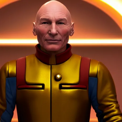 Image similar to captain picard made out of pure gold, unreal 5, hyperrealistic, octane render, cosplay, rpg portrait, dynamic lighting