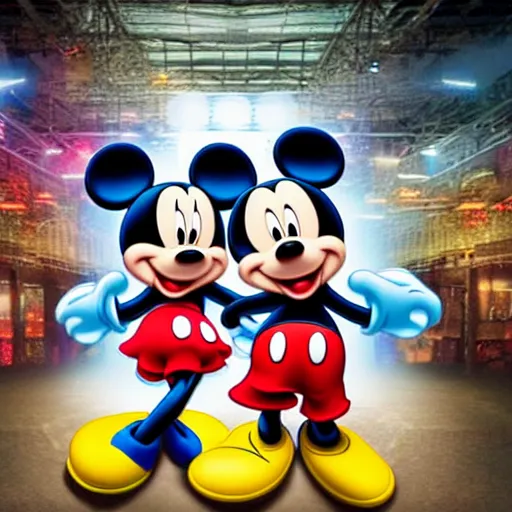 Image similar to minnie and mickey mouse raving in a warehouse highly detailed digital photograph