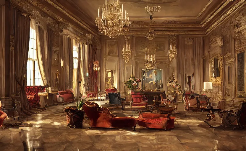 Prompt: realist rococo painting of a 1 9 2 0 s party in a beautiful mansion grand foyer, many partygoers, strong contrast, unreal engine, hyper realism, realistic shading, cinematic composition, realistic render, octane render, detailed textures, photorealistic, ultrawide shot, 3 5 mm film