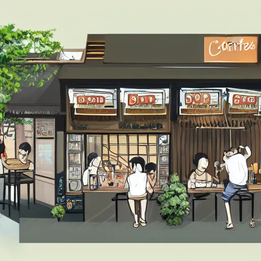 Image similar to concept art a singaporean neighborhood coffee shop