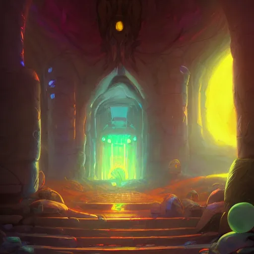 Prompt: psychedelic cyberpunk entrance to Mount Olympus, magical atmosphere, by Renato muccillo and Andreas Rocha and Johanna Rupprecht, trending on artstation, dofus colors, wakfu colors,