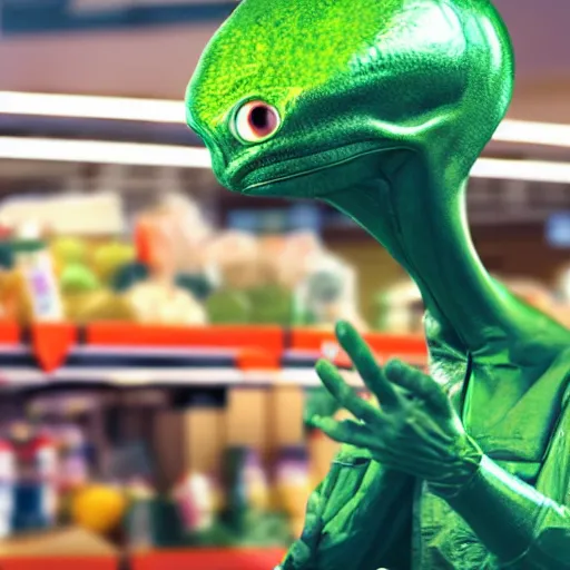 Image similar to mid shot of a roswell alien buying groceries at the store shot by amanda carlson and alex strelkovv, professional photo, masterpiece, very detailed, 4 k